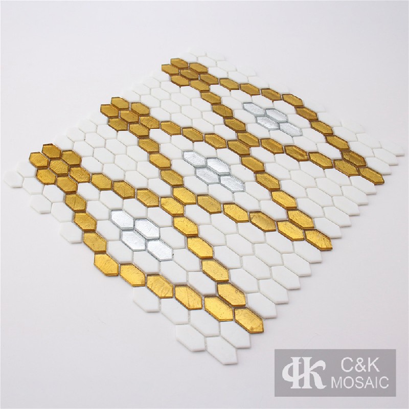Unique Gold and White Hexagon Glass Mosaic Tiles for Wall Pattern MP002