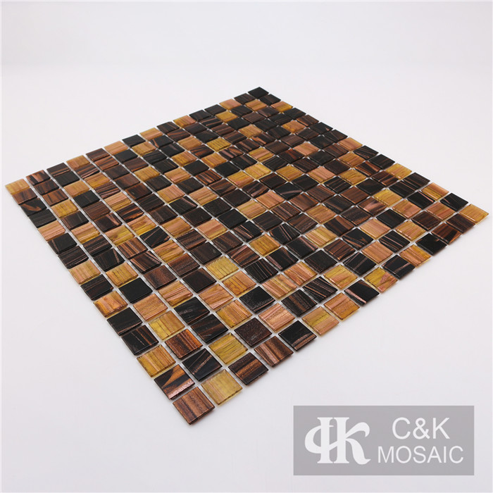 Modern Brown Mixed Square Hot Melting Golden line Glass Mosaic Tile for Wall and Floor MGSG3018