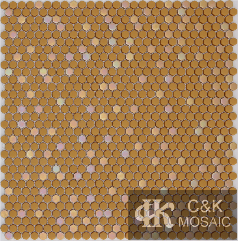 Hot selling Orange Hexagon Glass Recycled glass mosaic for backsplash MSHM9009