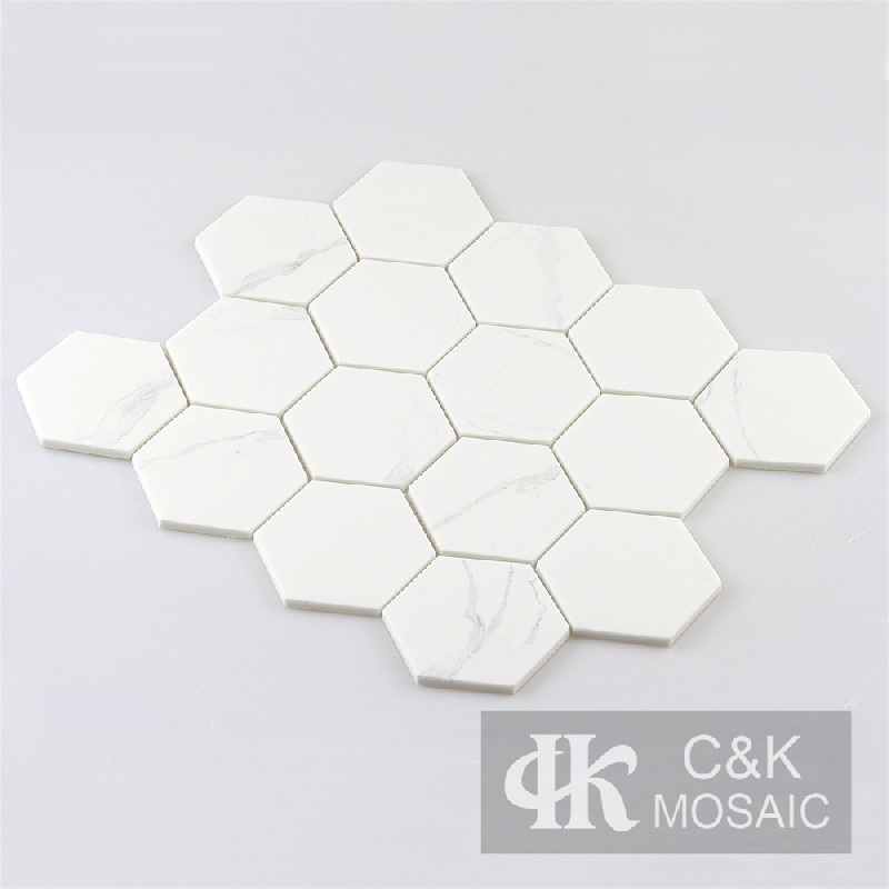 Unique White Hexagon Glass Inkjet Printing Mosaic For Backsplash 73SHQ170