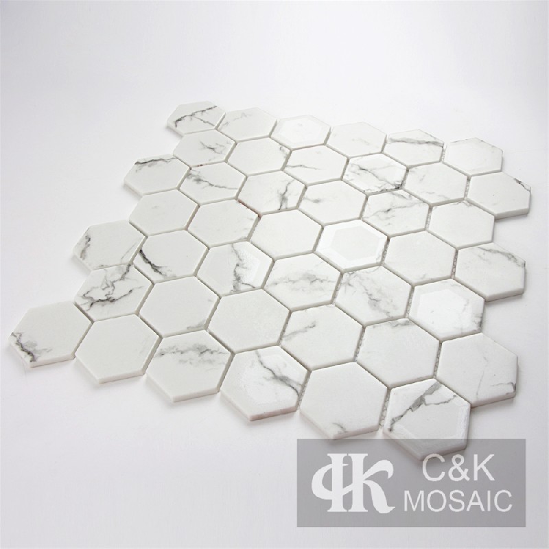 Modern White Hexagon Glass Inkjet Printing Mosaic For Backsplash MSHW1022