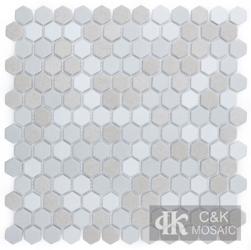 Unique White Hexagon Recycled Glass Mosaic Tiles For Spa MNHN3001