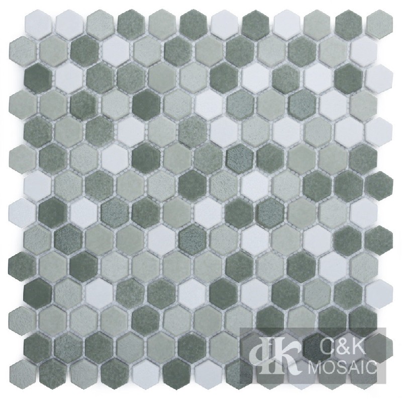 Unique Green&White Hexagon Recycled Glass Mosaic Tiles For Spa MNHN6001