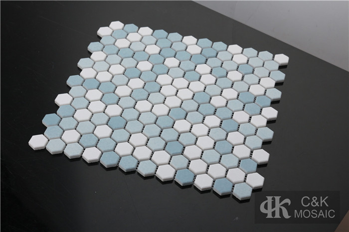 Unique Blue Hexagon Recycled Glass Mosaic Tiles For Spa MNHN7001