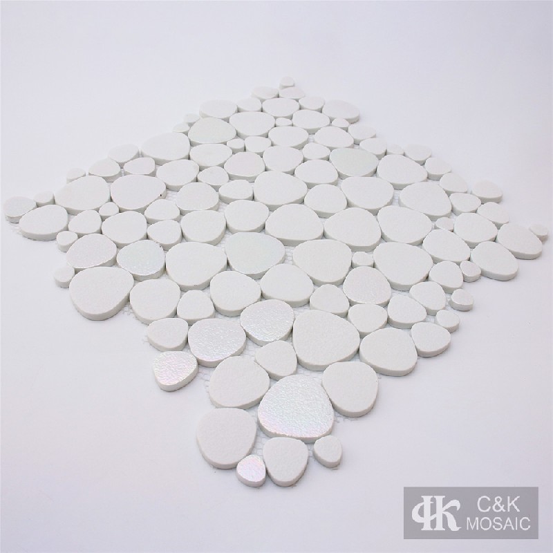 Modern White Iridescent Pebble Glass Mosaic Tiles For Bathroom MNDABM1002