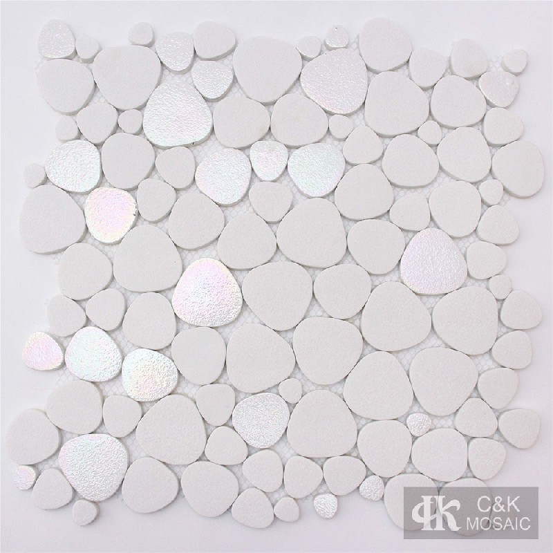 Modern White Iridescent Pebble Glass Mosaic Tiles For Bathroom MNDABM1002