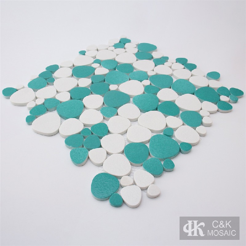 Modern White&Green Pebble Glass Mosaic Tiles For Bathroom MNDABM6002