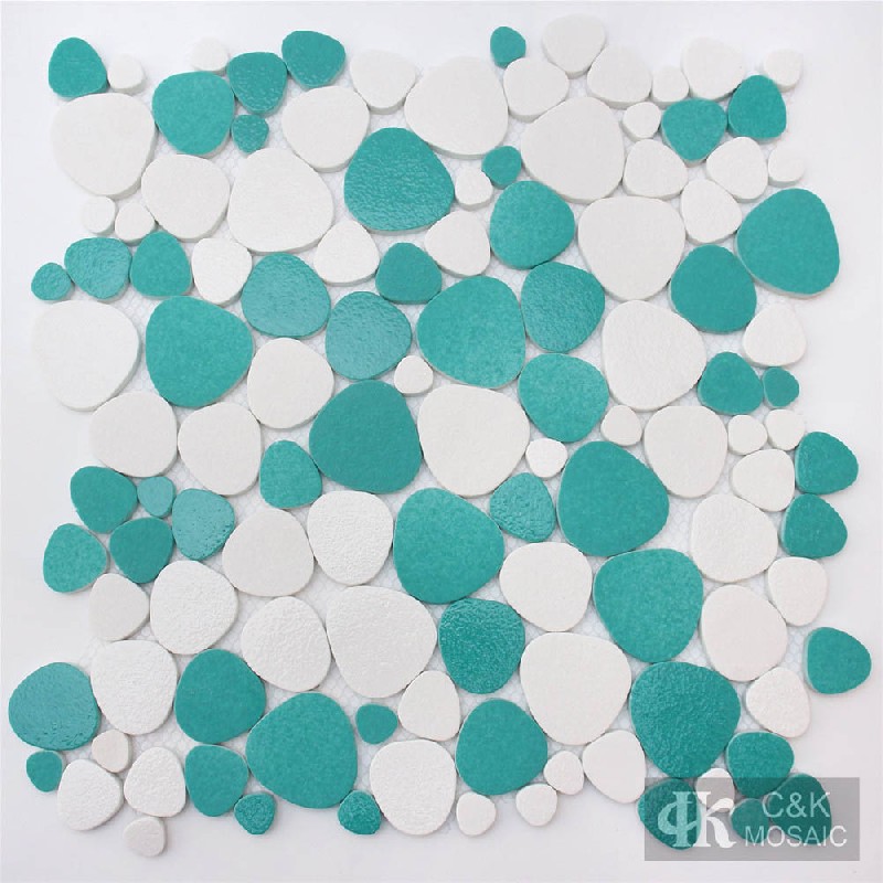 Modern White&Green Pebble Glass Mosaic Tiles For Bathroom MNDABM6002