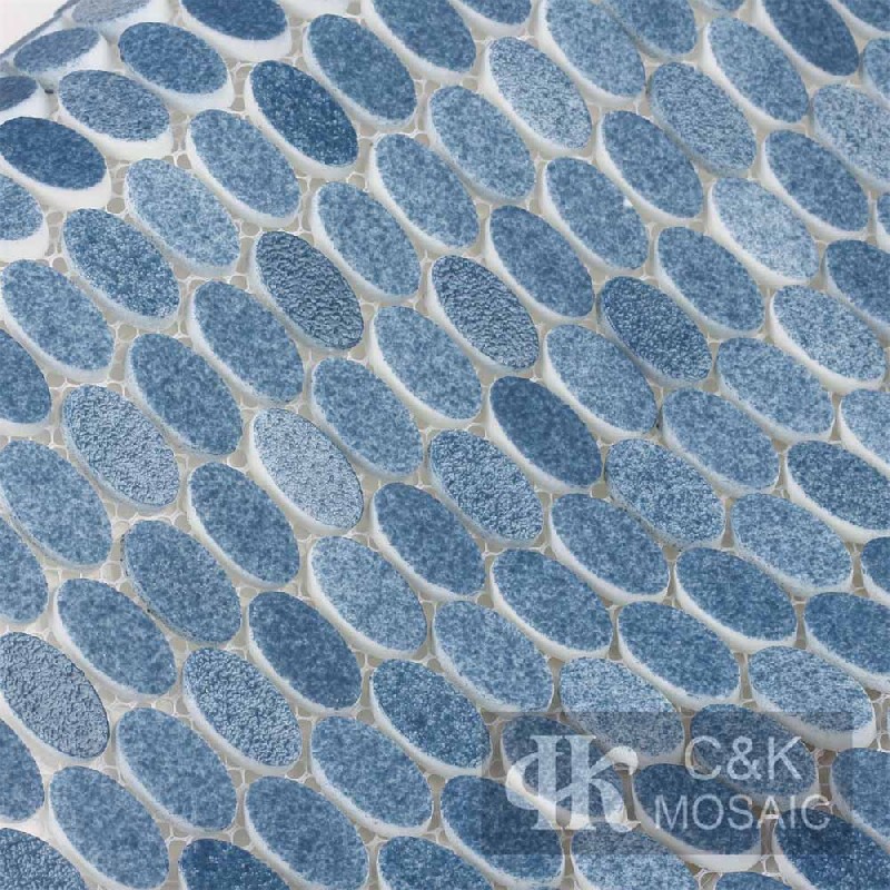 New Blue Oval Recycled Glass Tiles For Spa MNEMM7009