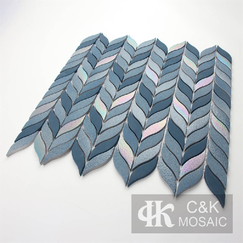 Fashion Dark Blue Iridescent Leaf Recycled Glass Mosaic Tiles For Backsplash MNYW7008Z