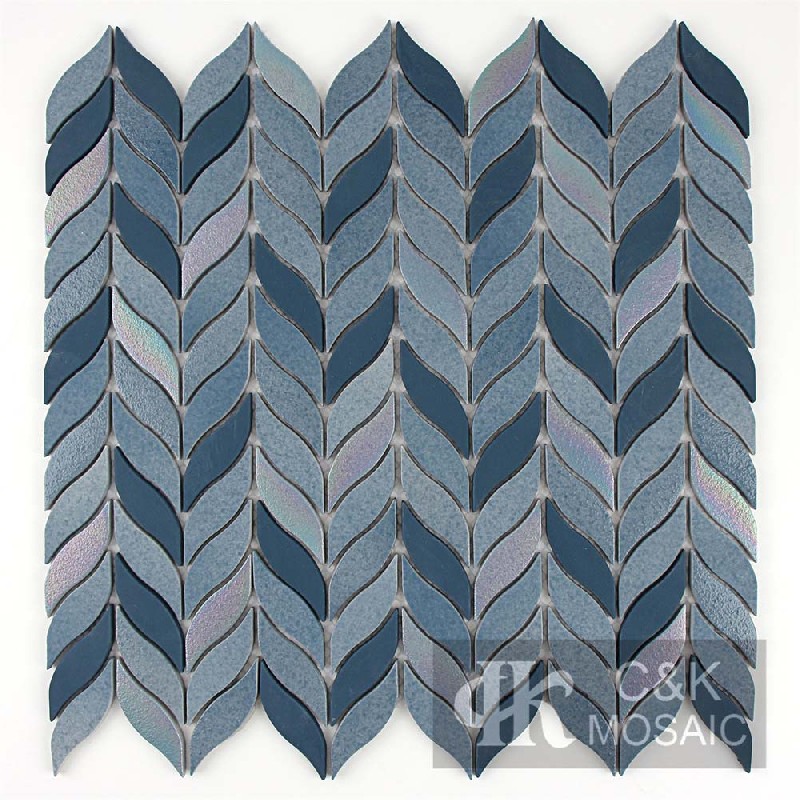 Fashion Dark Blue Iridescent Leaf Recycled Glass Mosaic Tiles For Backsplash MNYW7008Z