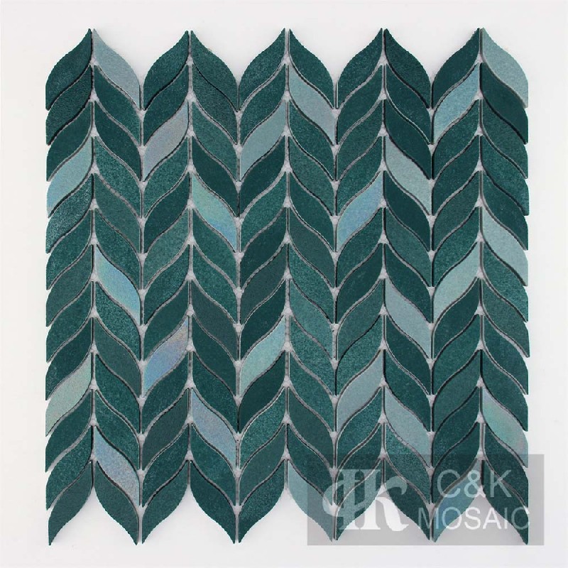 Fashion Green Iridescent Leaf Recycled Glass Mosaic Tiles For Backsplash MNYW6006Z