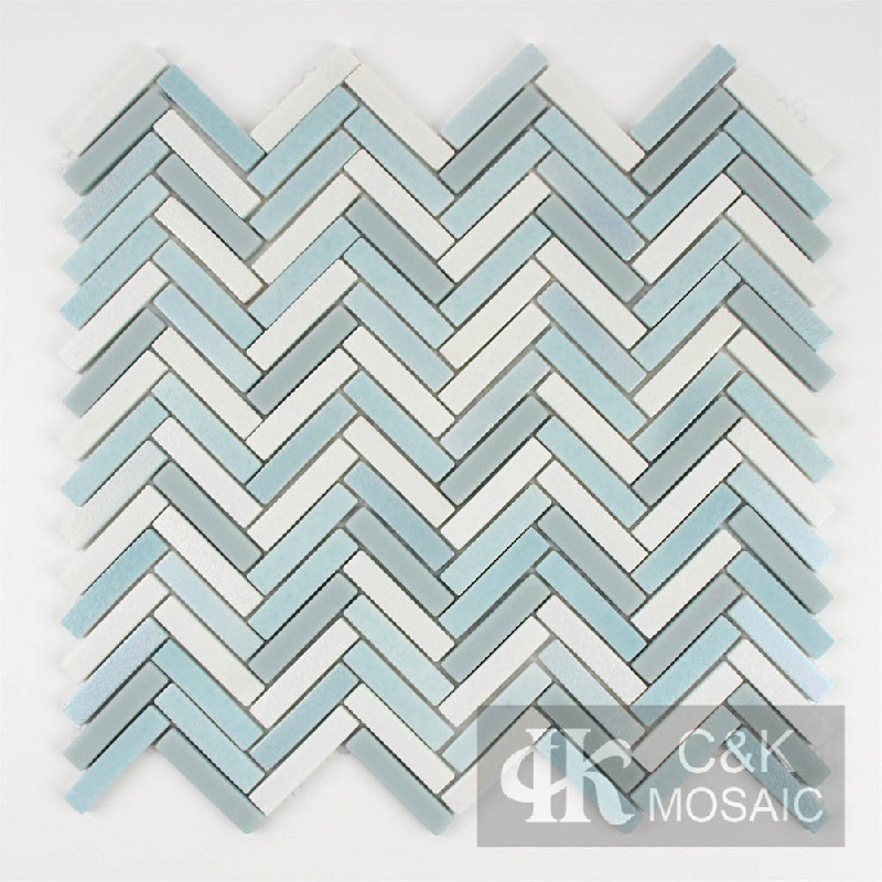 Hot Selling White&Blue Iridescent Rectangle Glass Mosaic For Backsplash MNBW7015Z