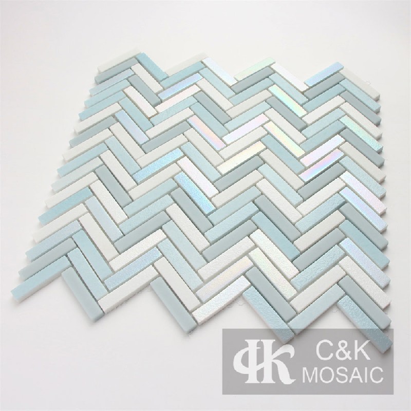 Hot Selling White&Blue Iridescent Rectangle Glass Mosaic For Backsplash MNBW7015Z