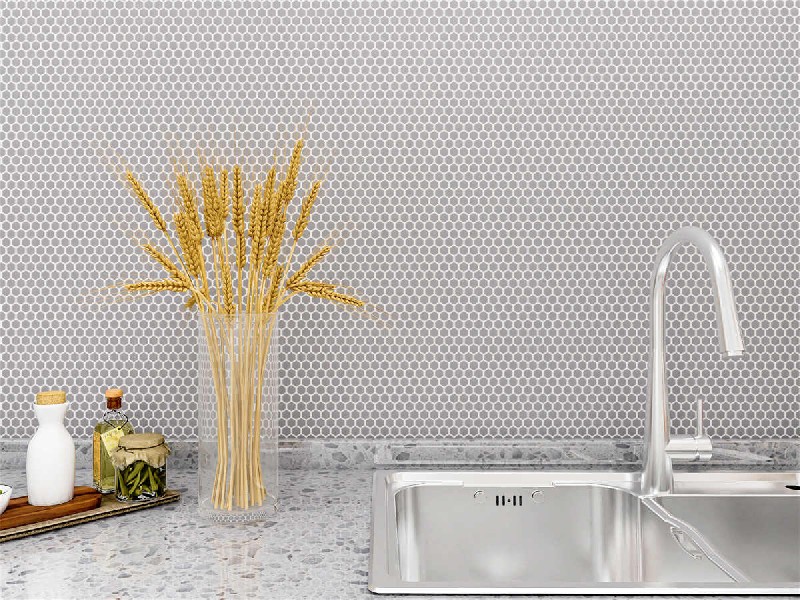 Timeless Light Grey Hexagon Glass Mosaic Tiles For Shower Walls JHP97