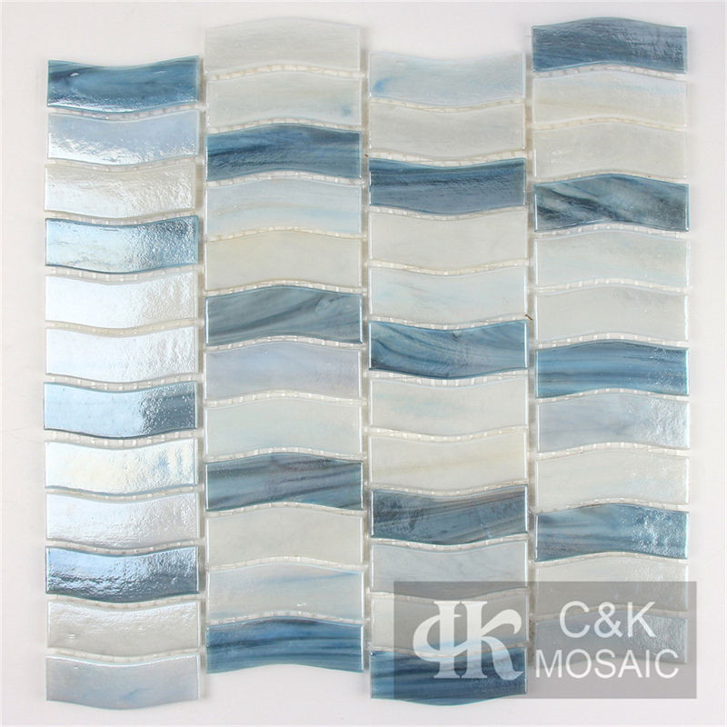 Hot Selling White and Blue Wave Glass Mosaic Tile for Backsplash MDAFL7002